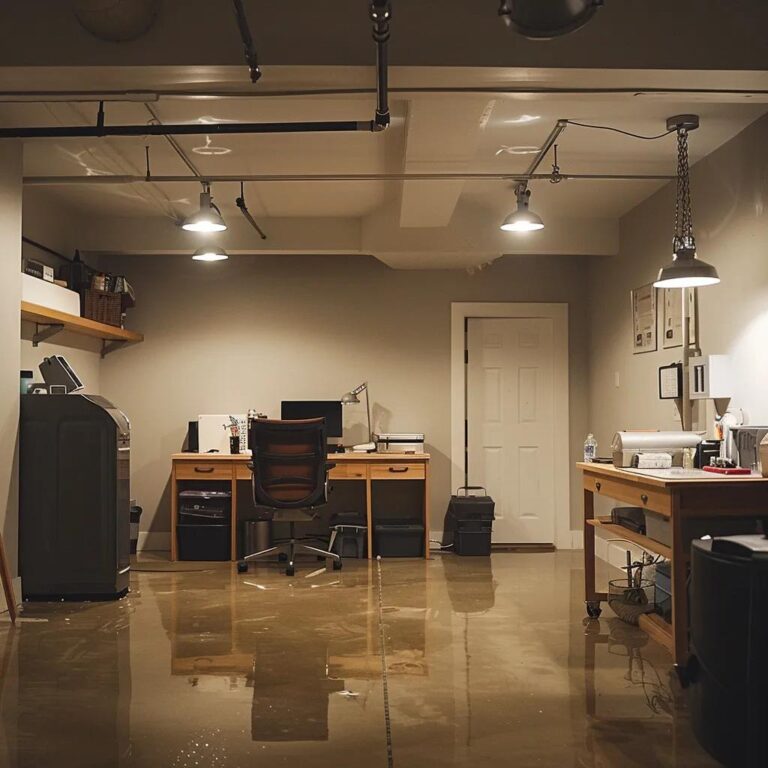 a modern, well-organized basement office with visible water-damage