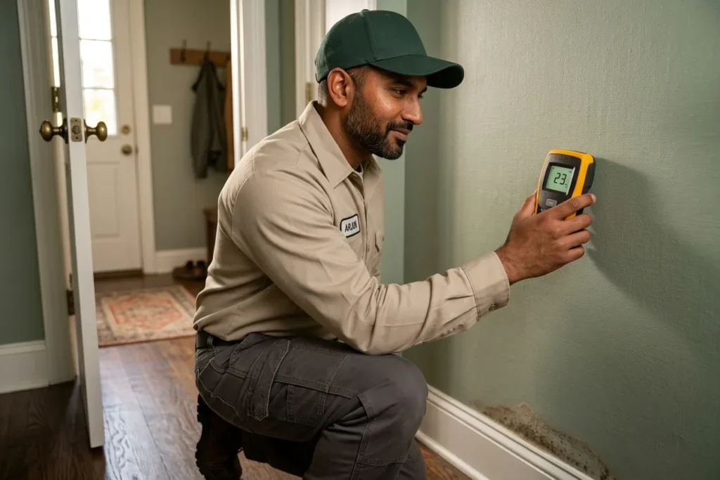 Technician using a moisture meter on a hardwood floor, Atlanta skyline visible through window