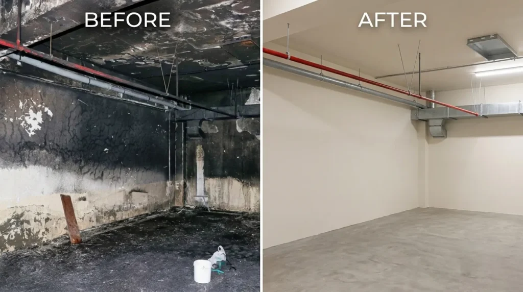 smoke-damaged wall before cleaning vs. restored wall after soot removal